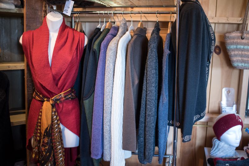 A rack of alpaca sweaters at Artisan Alpacas in Dushore, PA