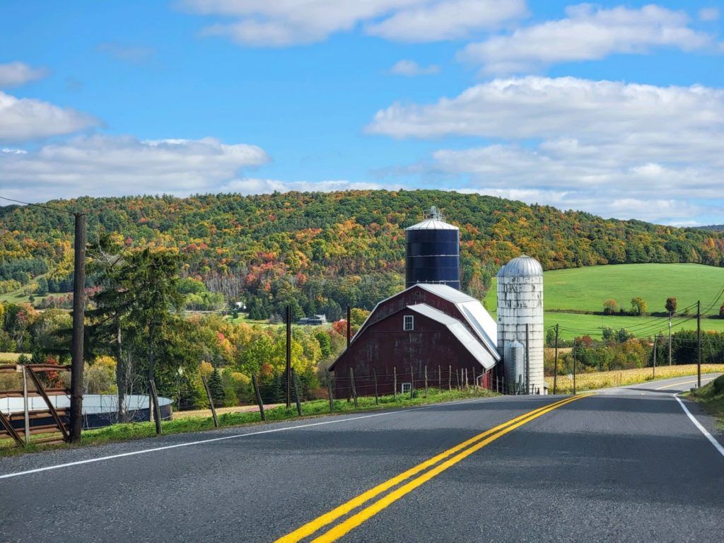 A barn, mountains, and fall foliage along Route 87 near Dushore